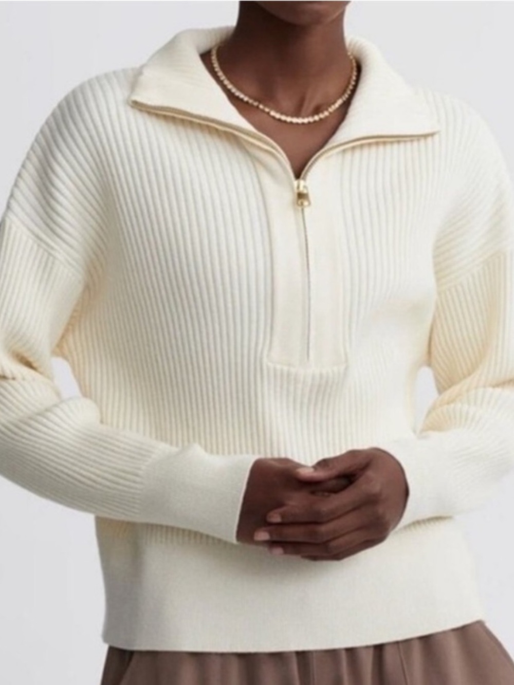 Varley Cream Janie Ribbed Half-Zip Cowl Sweater